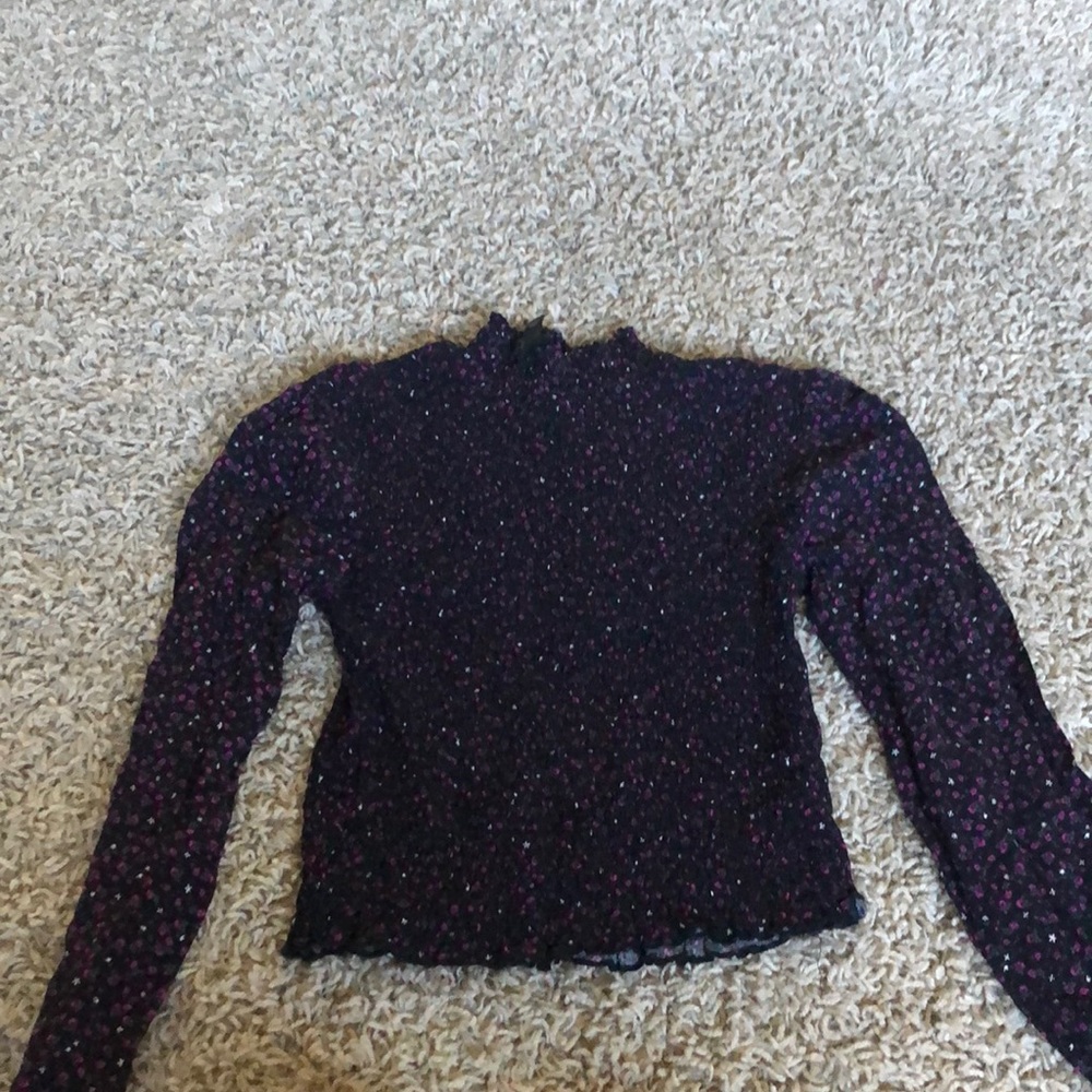 black and purple smocked mock neck long sleeve blouse